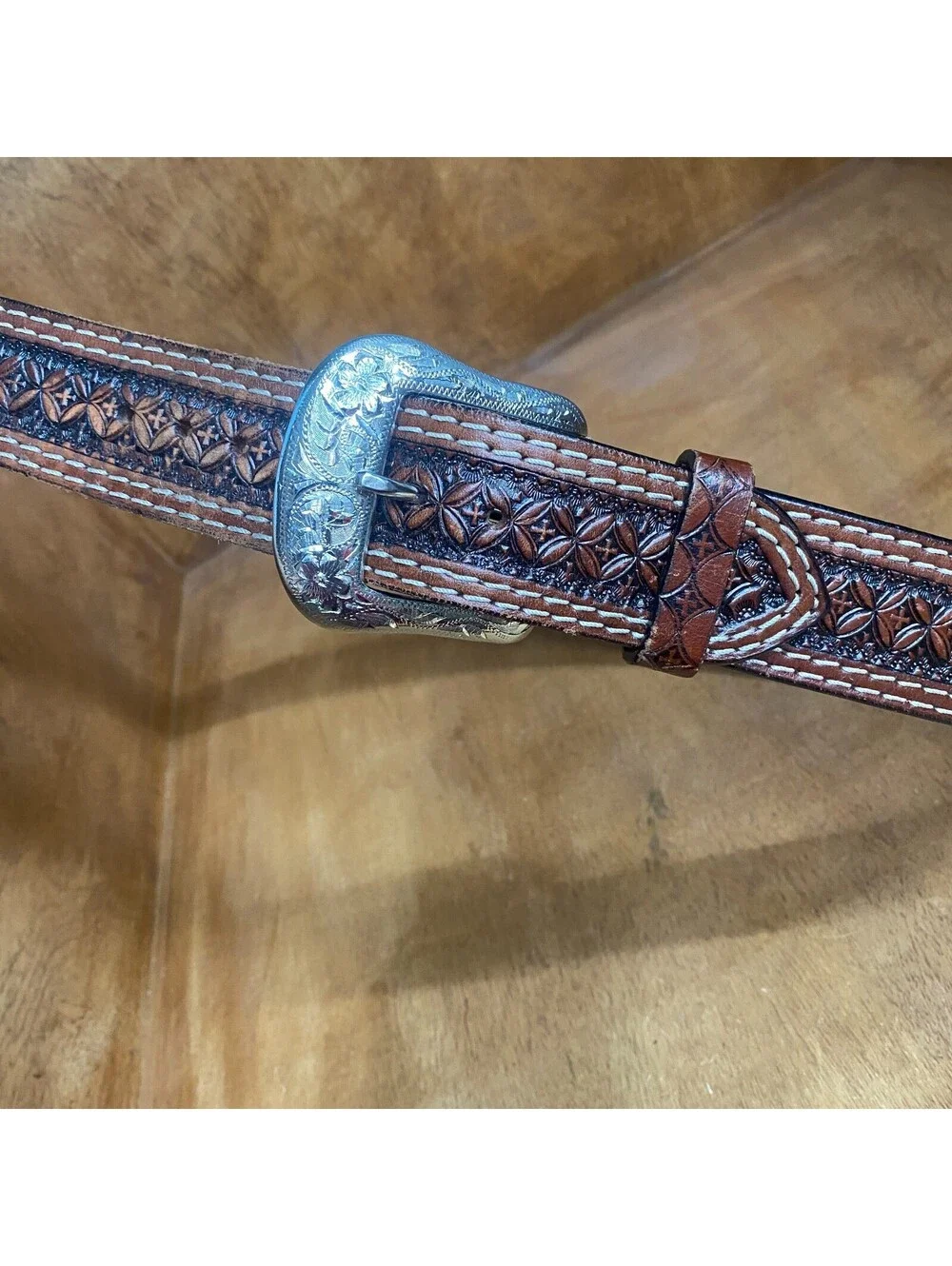 Ranger Belt Co Western Tooled Brown Leather 36 Silver Engraved Buckle Floral
